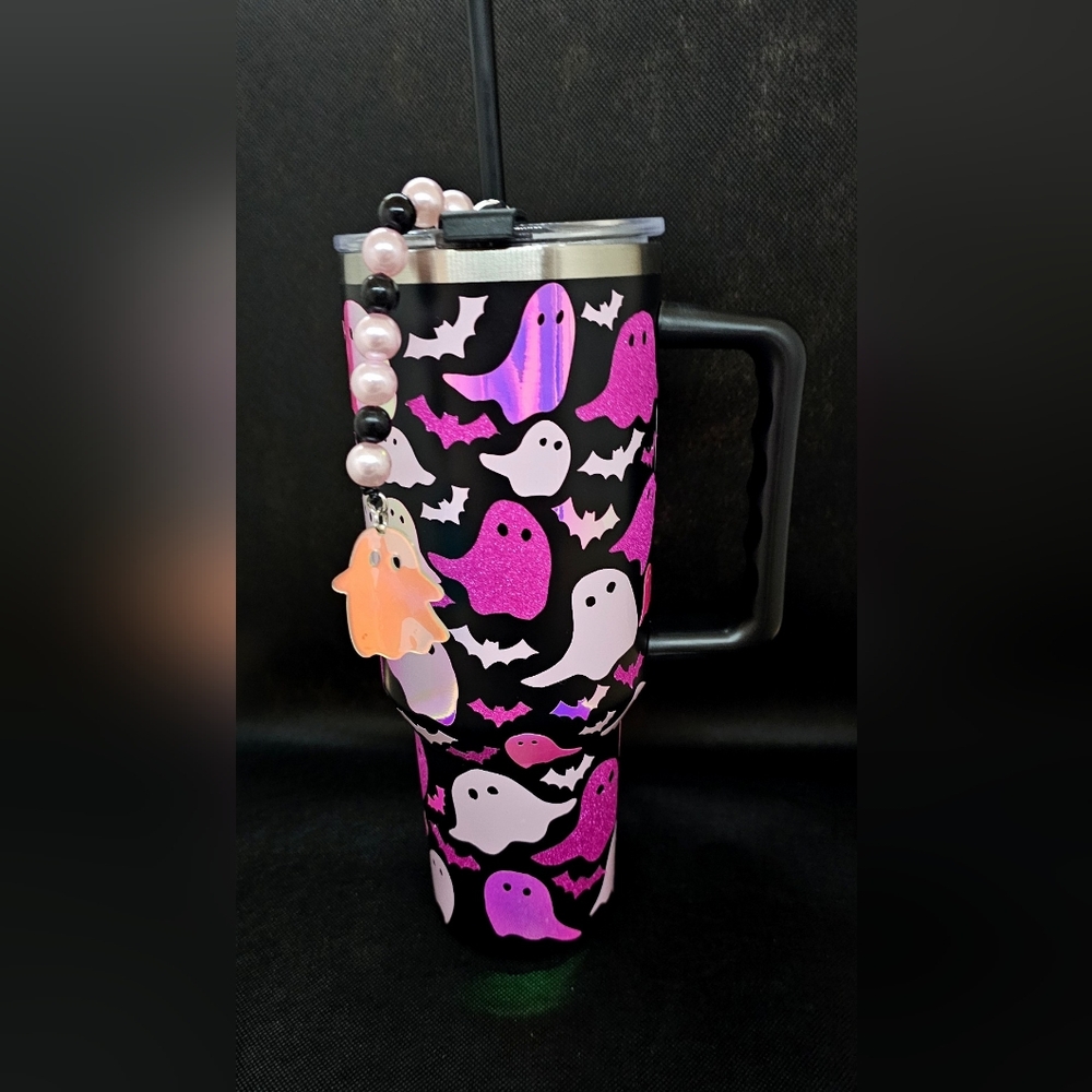 Drinking Cup, Travel Tumbler, pink ghost boo halloween cold cup, MTO - Picture 3 of 7